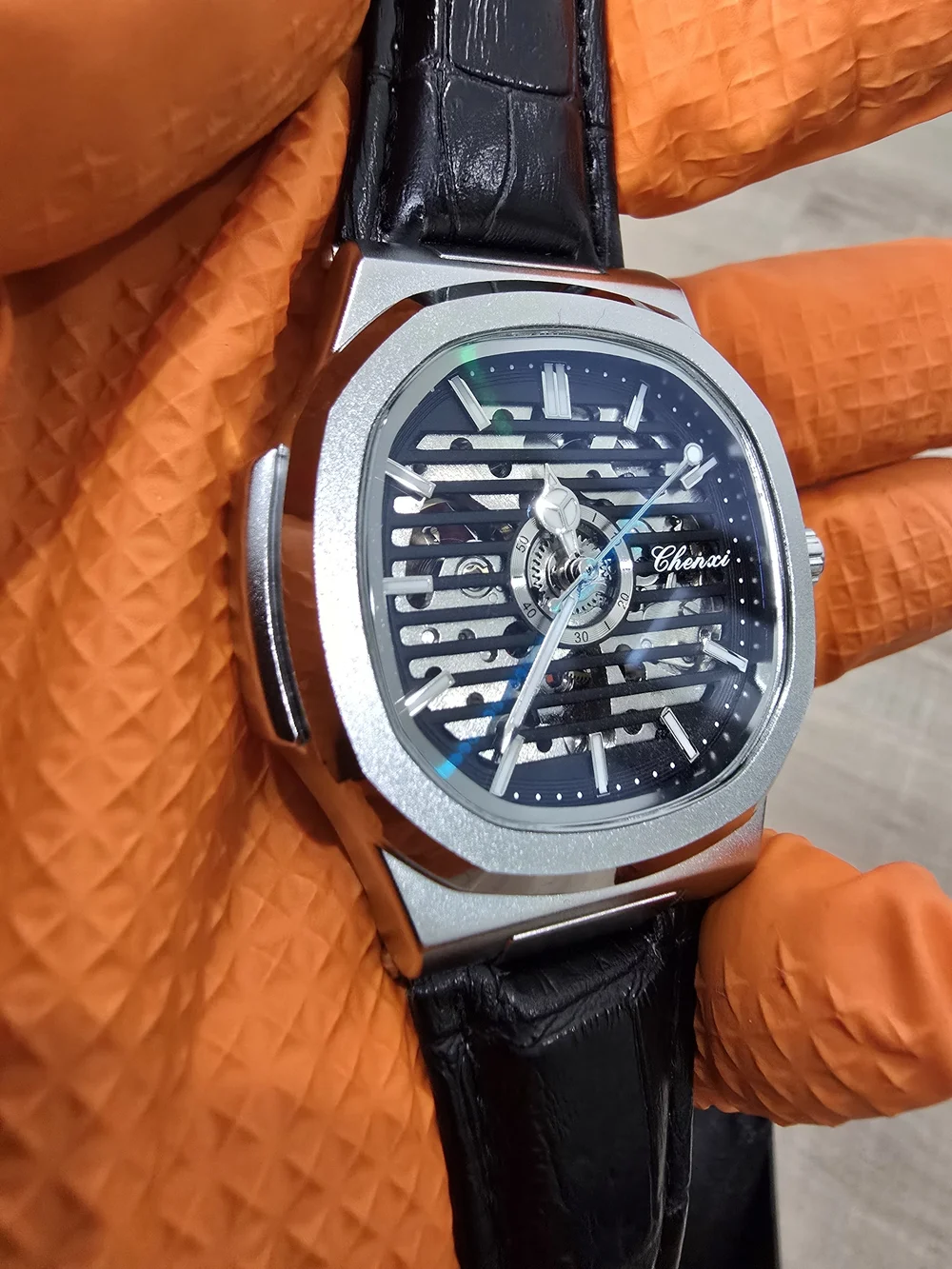 Black Leather Strap Mechanical Wrist Watch - Unbranded